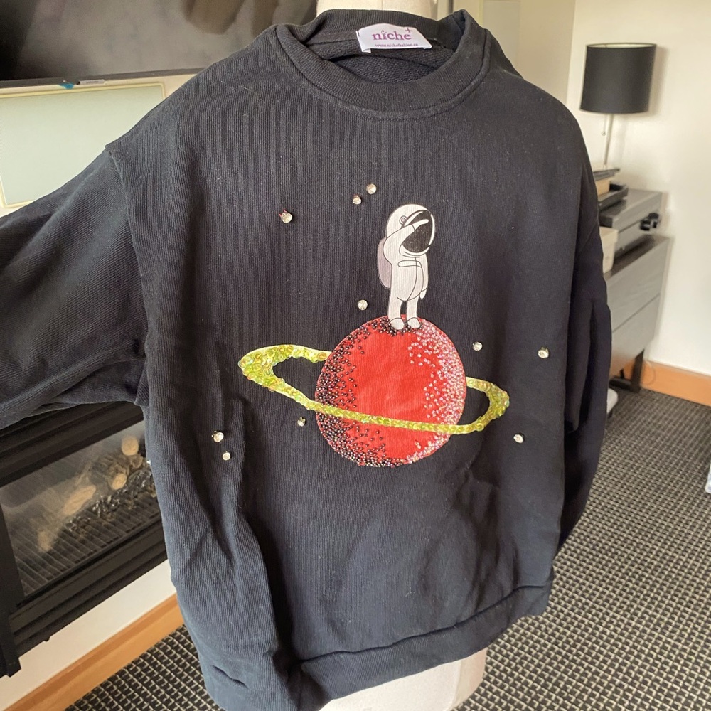Black Astronaut Graphic Sweatshirt w Rhinestones